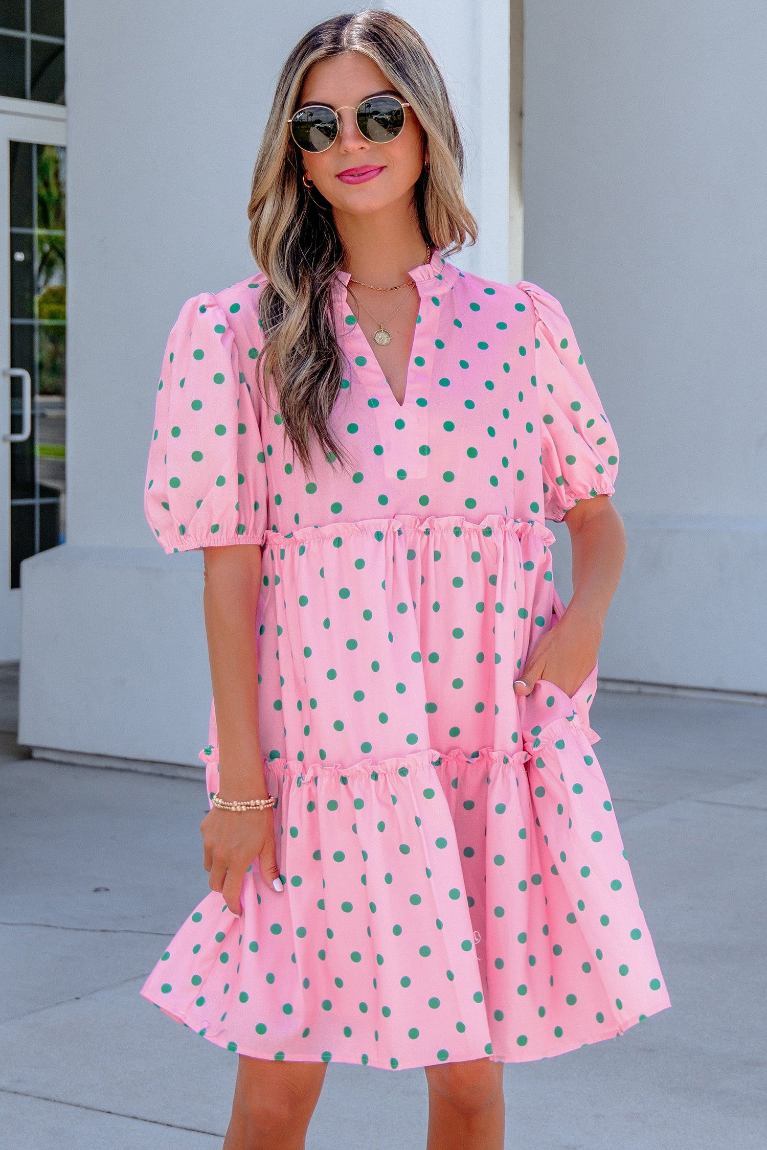 Pink Polka Dot Print V Neck Short Sleeve Tiered Mini Dress-TOPS / DRESSES-[Adult]-[Female]-2022 Online Blue Zone Planet