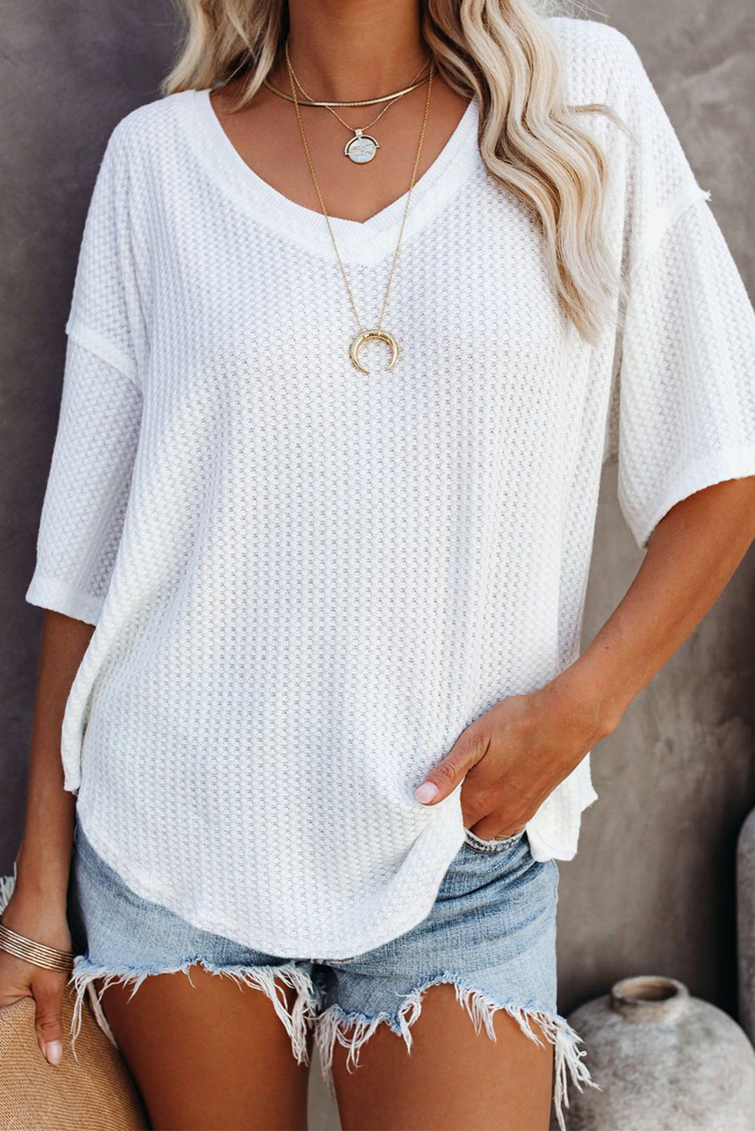 Purple Exposed Seam Half Sleeve Knitted V Neck Textured Top-Tops/Tops & Tees-[Adult]-[Female]-White-XS-2022 Online Blue Zone Planet