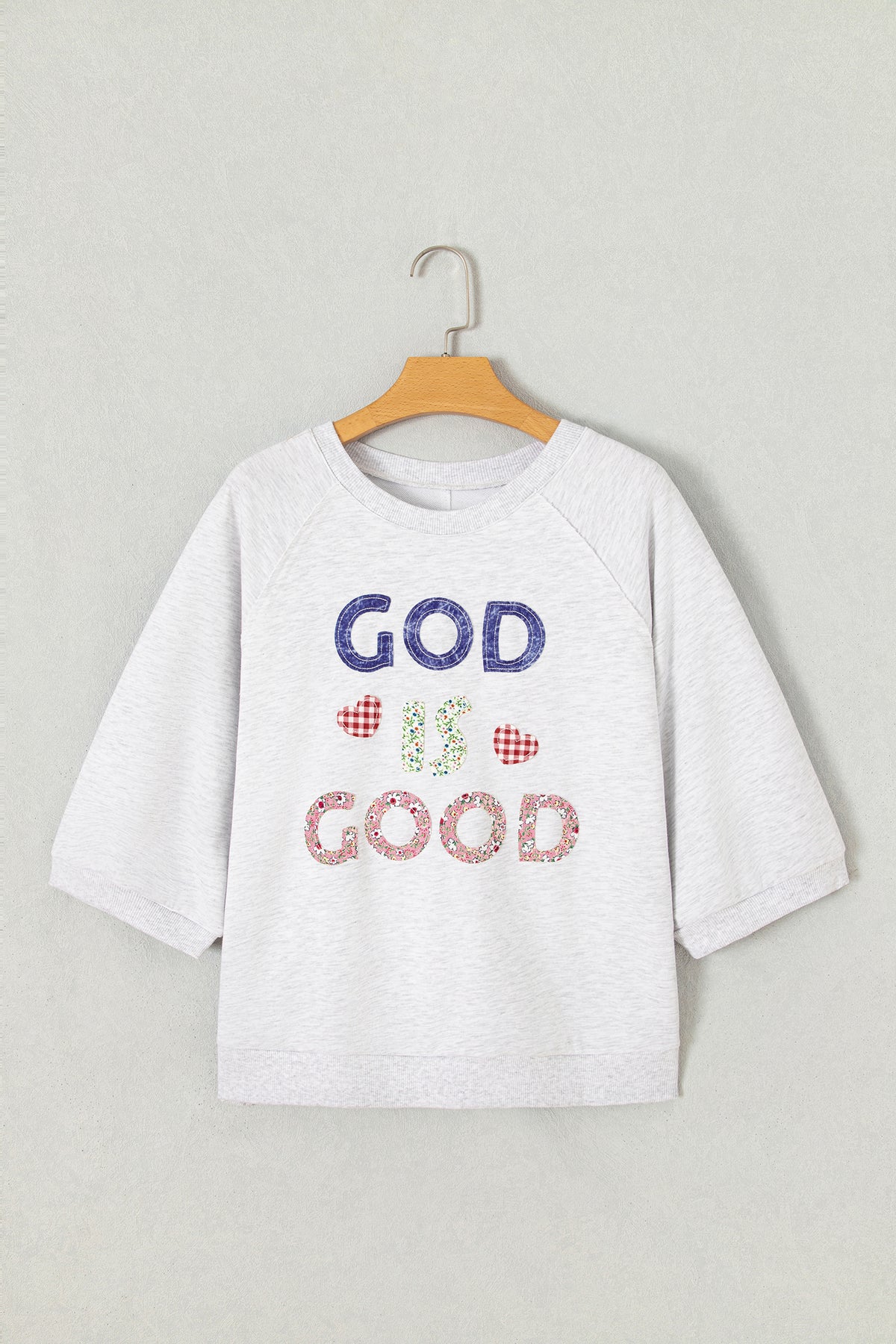 Light Grey GOD IS GOOD Patchwork Applique Relaxed 3/4 Sleeve Tunic Top-Tops/Tops & Tees-[Adult]-[Female]-2022 Online Blue Zone Planet