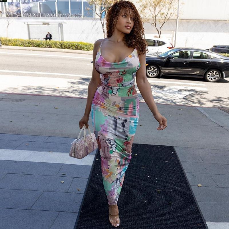 Renee's Graffiti Print Strappy Sheath Backless Midi Dress-TOPS / DRESSES-[Adult]-[Female]-2022 Online Blue Zone Planet