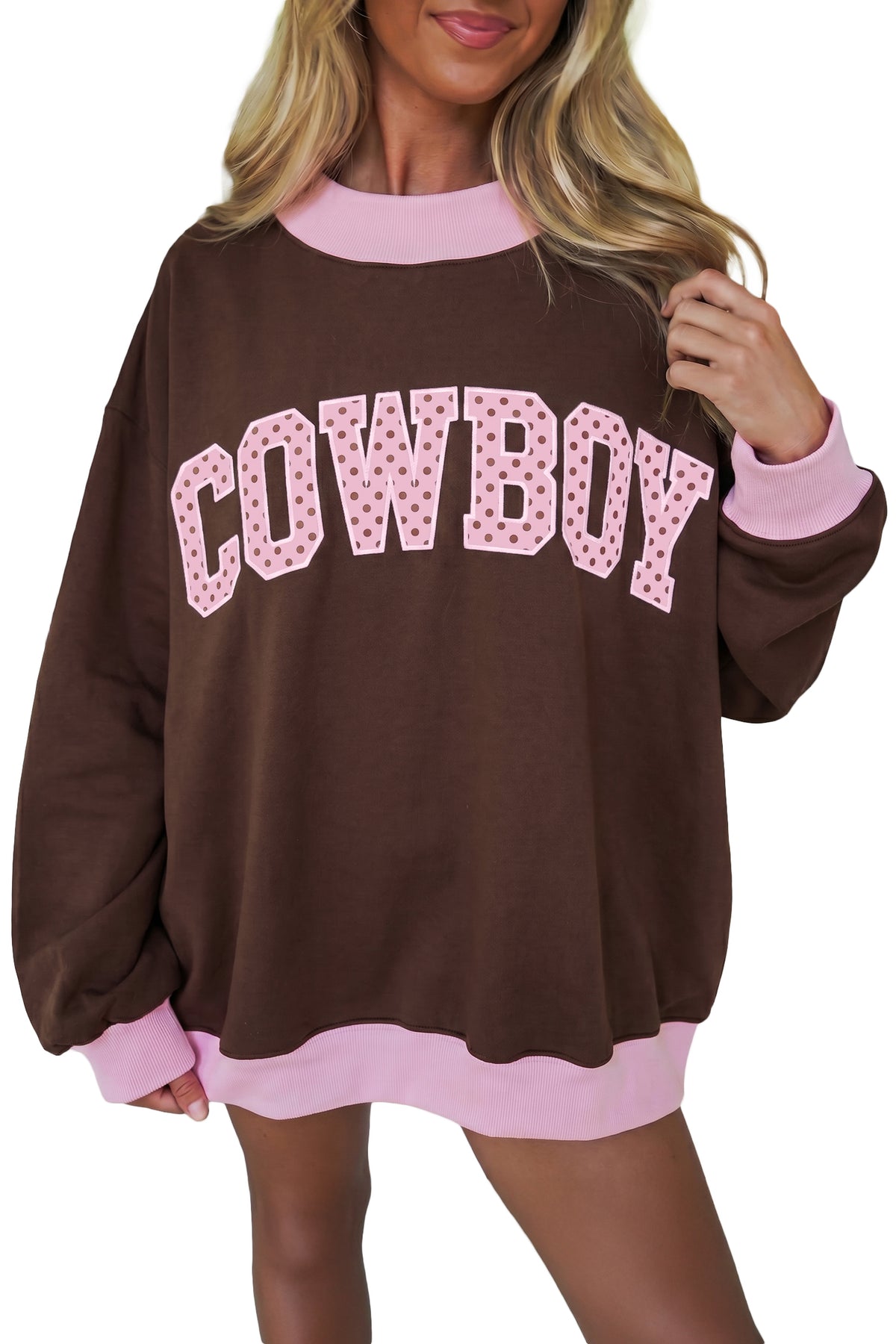 Pink Polka Dot Letter Graphic Colorblock Tunic Sweatshirt-Tops/Sweatshirts & Hoodies-[Adult]-[Female]-2022 Online Blue Zone Planet