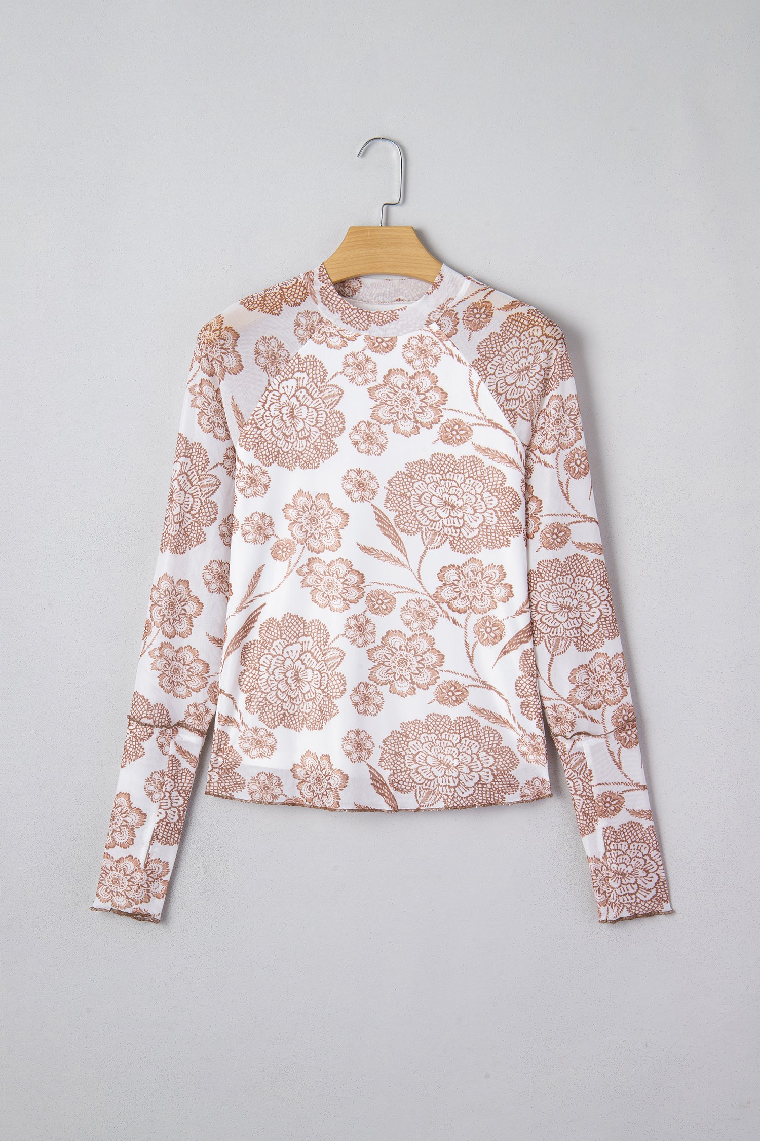 Brown Thumbhole Long Sleeve Floral Print Mesh Top-Tops/Long Sleeve Tops-[Adult]-[Female]-2022 Online Blue Zone Planet