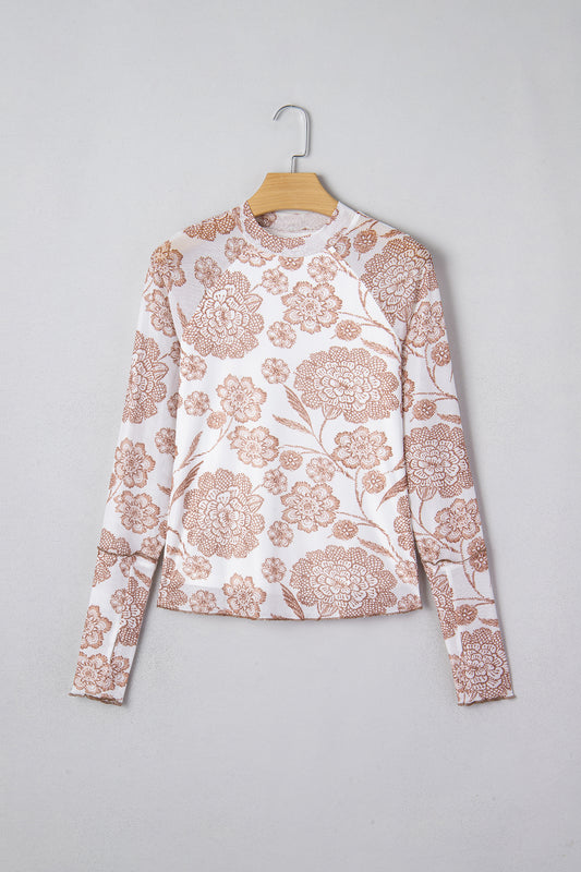 Brown Thumbhole Long Sleeve Floral Print Mesh Top-Tops/Long Sleeve Tops-[Adult]-[Female]-2022 Online Blue Zone Planet