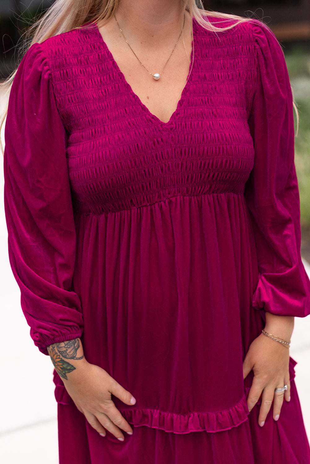 Blue Zone Planet | Rose Red Shirred V Neck Tiered Ruffled Velvet Plus Size Maxi Dress-TOPS / DRESSES-[Adult]-[Female]-2022 Online Blue Zone Planet