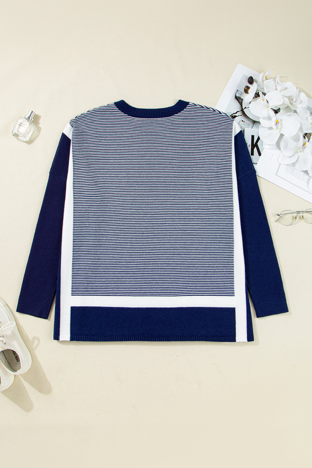 Blue Stripe Color Block Patchwork Dolman Oversize Tunic Sweater-Sweaters & Cardigans/Sweaters-[Adult]-[Female]-2022 Online Blue Zone Planet