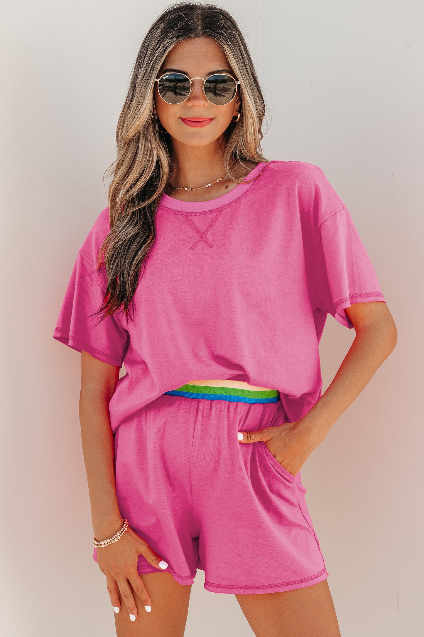 Bright Pink Seam Detail Raw Edge Tee Rainbow Waistband Casual Short Set-Two Piece Sets/Short Sets-[Adult]-[Female]-2022 Online Blue Zone Planet