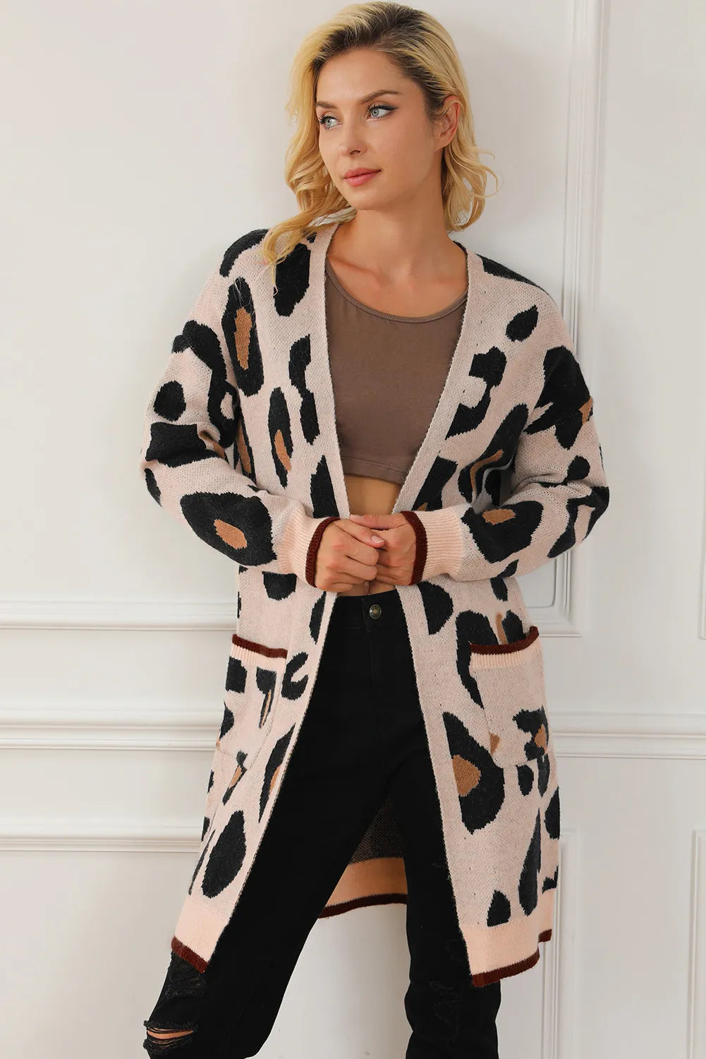 Leopard Open Front Long Sleeve Cardigan-TOPS / DRESSES-[Adult]-[Female]-Leopard-S-2022 Online Blue Zone Planet