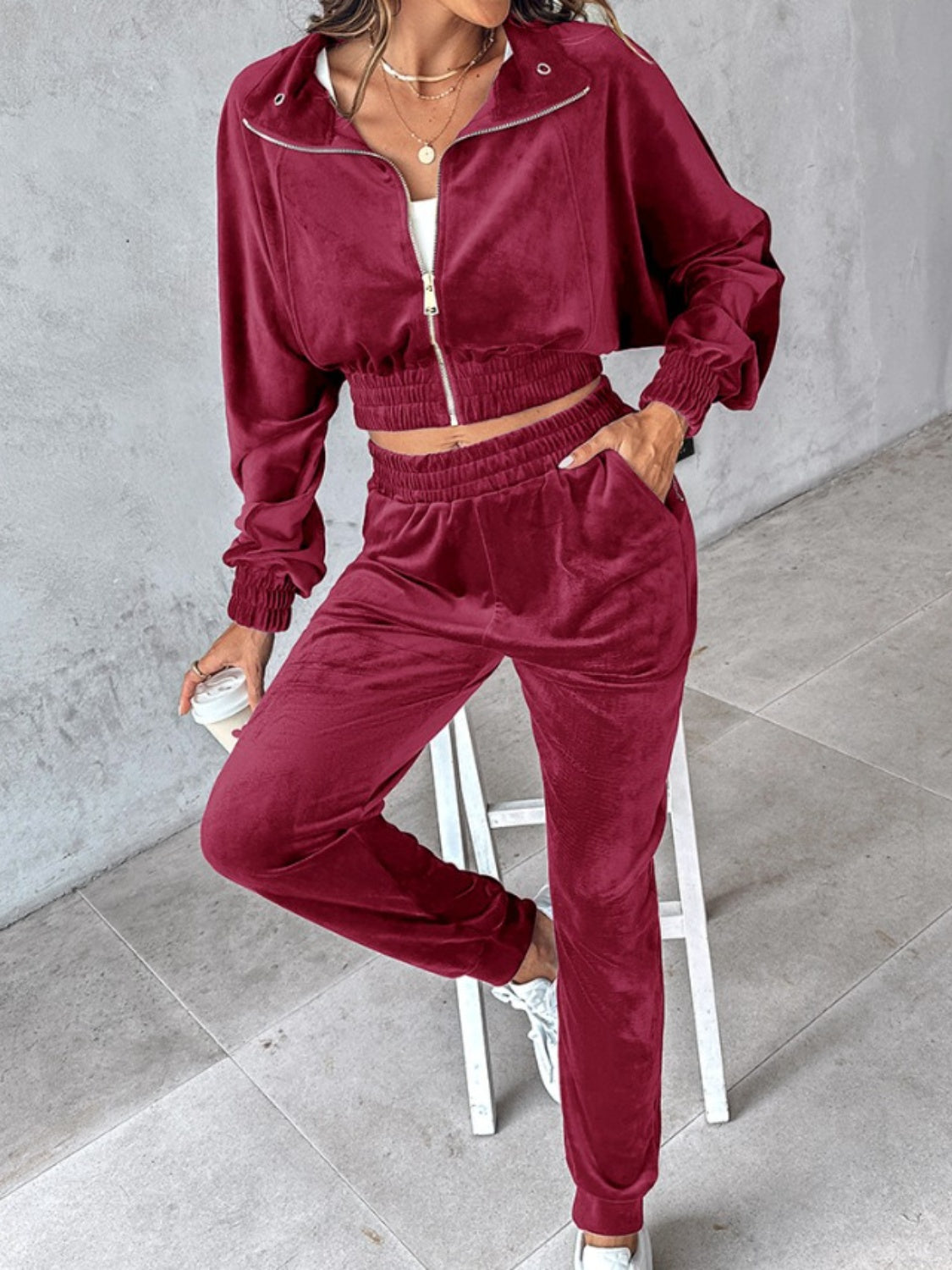 Zip Up Long Sleeve Cropped Top and Joggers Set-BOTTOMS SIZES SMALL MEDIUM LARGE-[Adult]-[Female]-Burgundy-S-2022 Online Blue Zone Planet