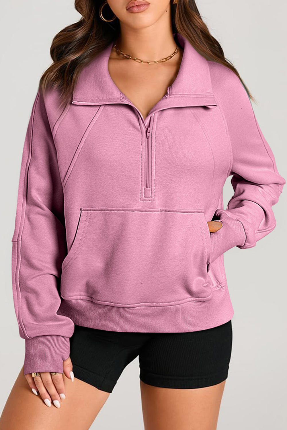 Brown Quarter Zip Stand Neck Kangaroo Pocket Sweatshirt-Tops/Sweatshirts & Hoodies-[Adult]-[Female]-Valerian-S-2022 Online Blue Zone Planet