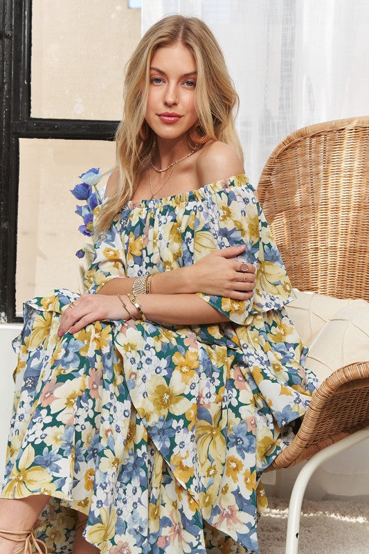 ADORA Layered Floral Off-Shoulder Short Sleeve Maxi Dress-TOPS / DRESSES-[Adult]-[Female]-2022 Online Blue Zone Planet
