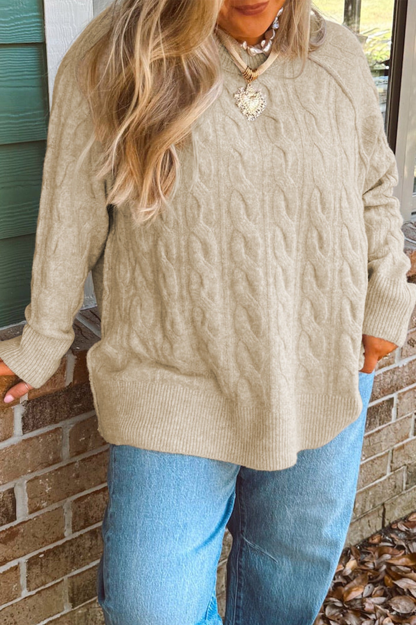 Parchment Oversized Cable Knit Long Sleeve Round Neck Tunic Length Plus Size Sweater-TOPS / DRESSES-[Adult]-[Female]-2022 Online Blue Zone Planet