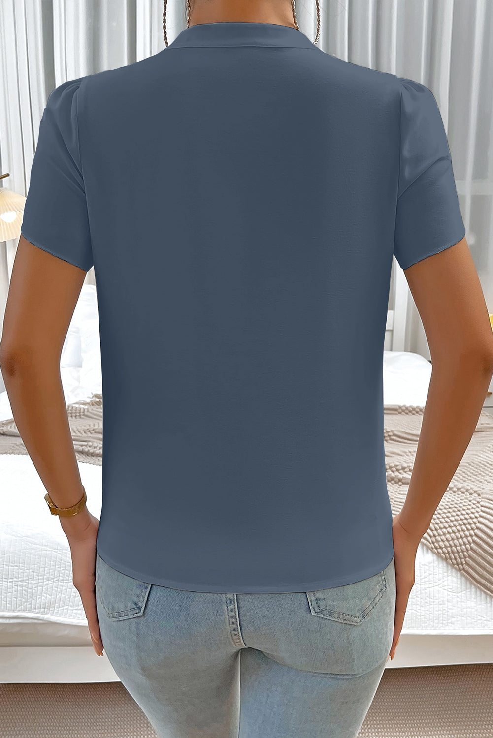 Sail Blue Silky Notched Neckline Petal Sleeve Blouse-Tops/Blouses & Shirts-[Adult]-[Female]-2022 Online Blue Zone Planet