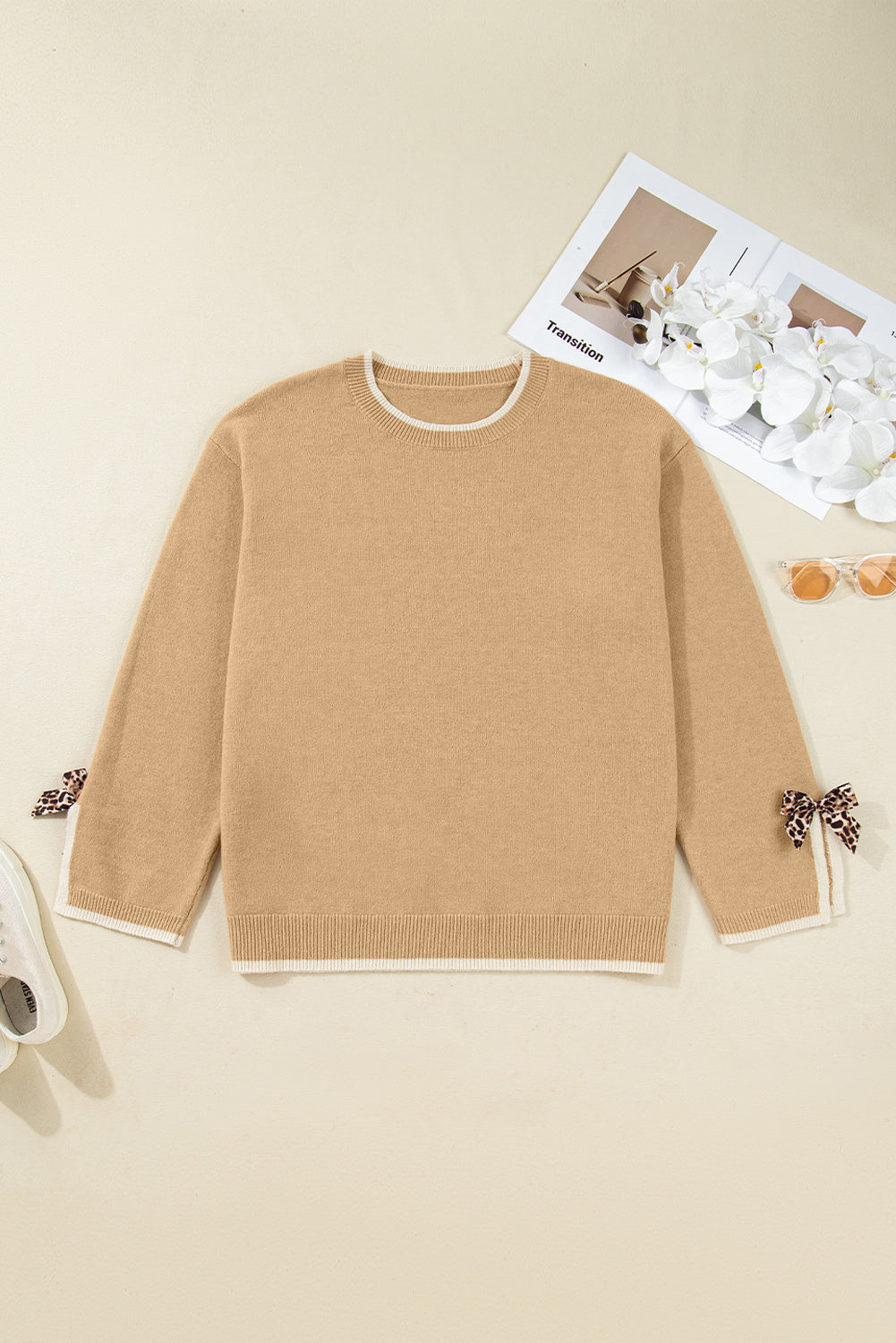 Tan Plus Size Leopard Bow Decor Split Cuffs Loose Sweater-Plus Size/Plus Size Sweaters & Cardigans-[Adult]-[Female]-2022 Online Blue Zone Planet