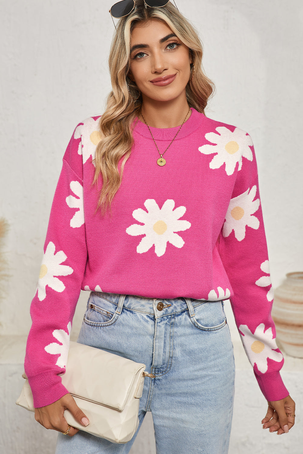 Bright Pink Daisy Ribbed Hem Sweater-Sweaters-[Adult]-[Female]-2022 Online Blue Zone Planet