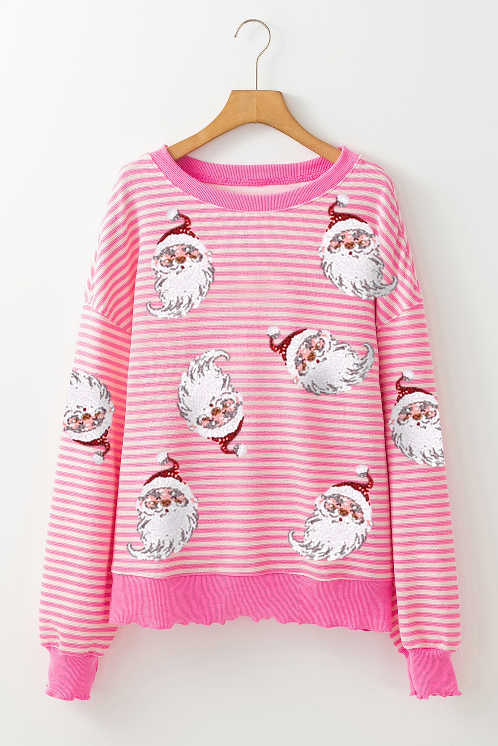 Blue Zone Planet | Pink Stripe Sequined Santa Claus Graphic Christmas Long Sleeve Top-Graphic Apparel-[Adult]-[Female]-2022 Online Blue Zone Planet