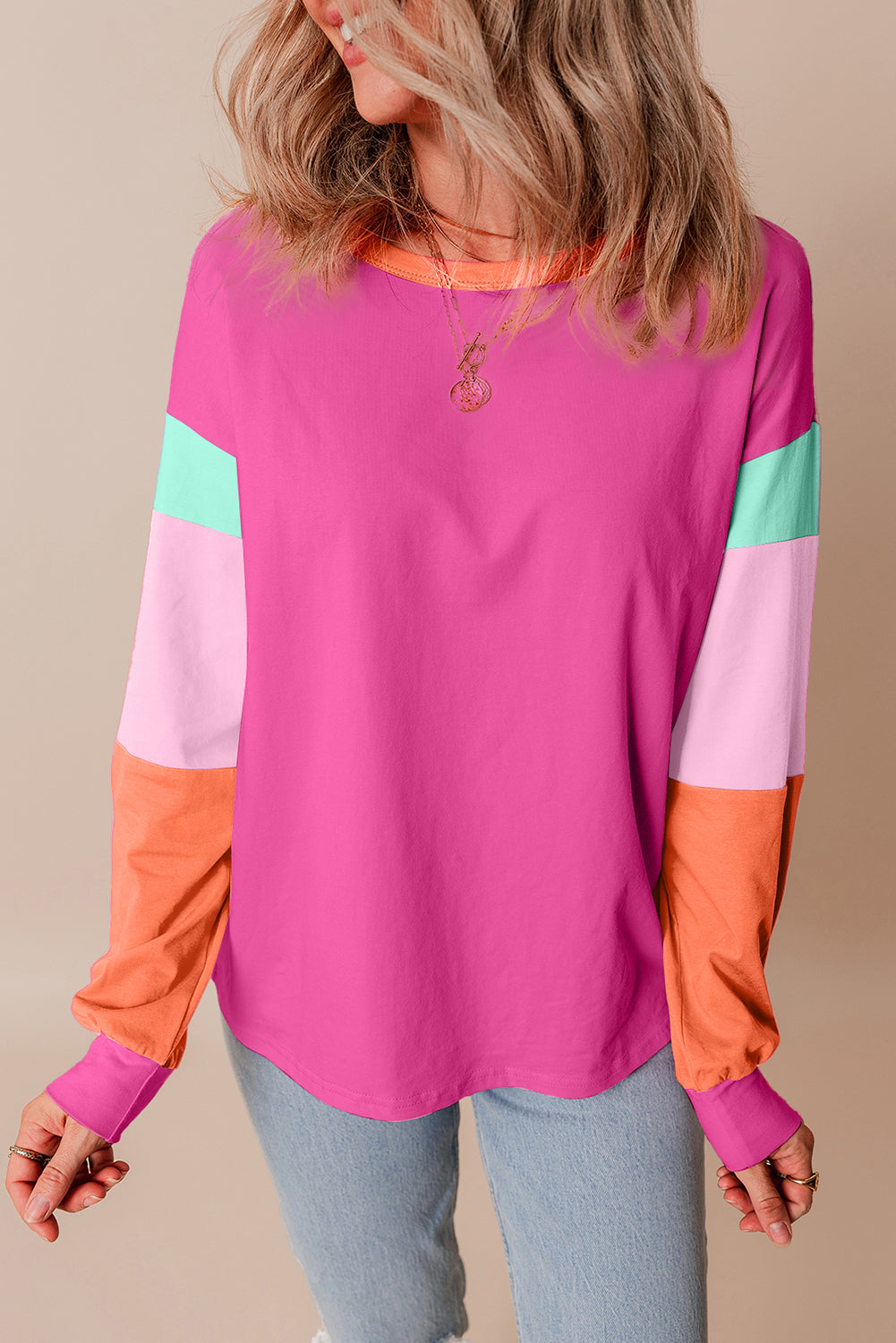 Blue Zone Planet | Green Colorblock Patchwork Long Sleeve Loose Top-TOPS / DRESSES-[Adult]-[Female]-2022 Online Blue Zone Planet