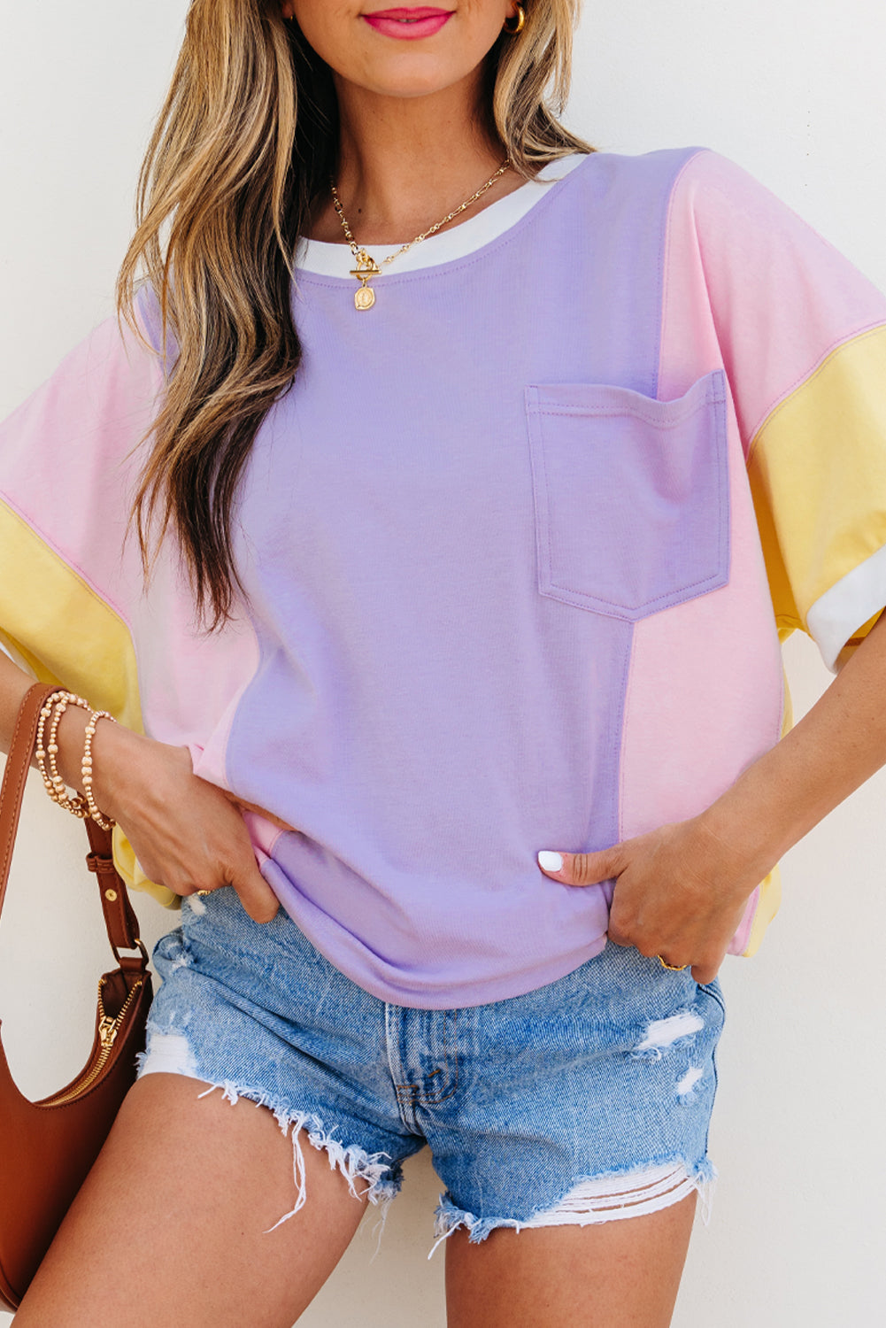 Purple Color Block Patchwork Half Sleeve Oversized T Shirt-Tops/Tops & Tees-[Adult]-[Female]-2022 Online Blue Zone Planet