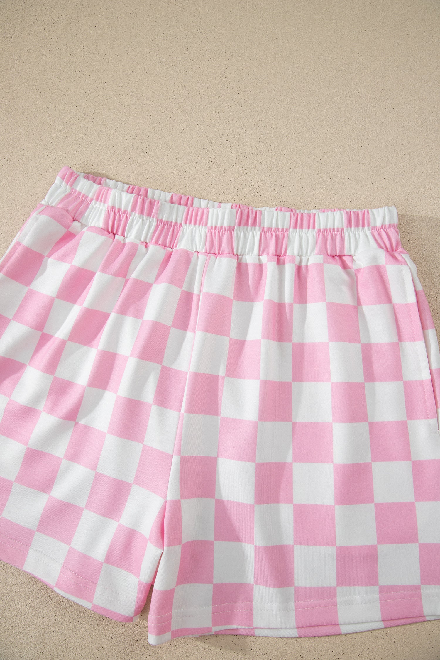 Pink Checkered Print Color Block Trim Mock Neck Short Set-Two Piece Sets/Short Sets-[Adult]-[Female]-2022 Online Blue Zone Planet