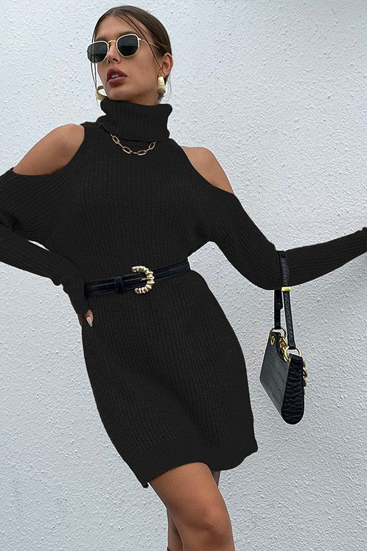 Black Black Turtleneck Cold-Shoulder Sweater Dress-[Adult]-[Female]-2022 Online Blue Zone Planet