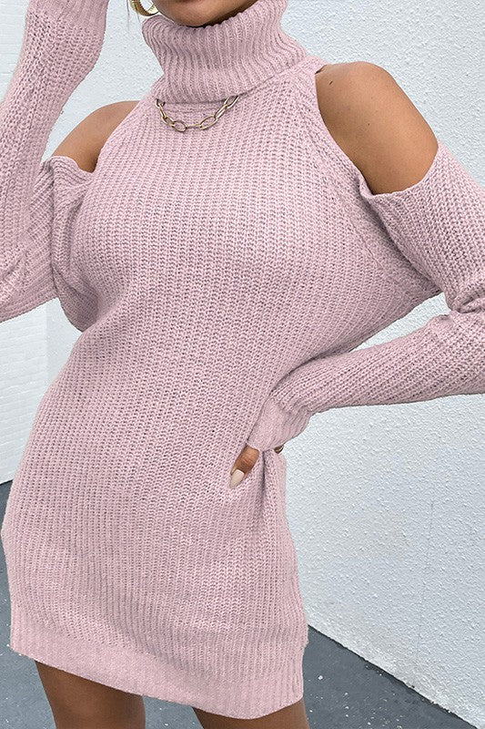 Pink Black Turtleneck Cold-Shoulder Sweater Dress-[Adult]-[Female]-2022 Online Blue Zone Planet