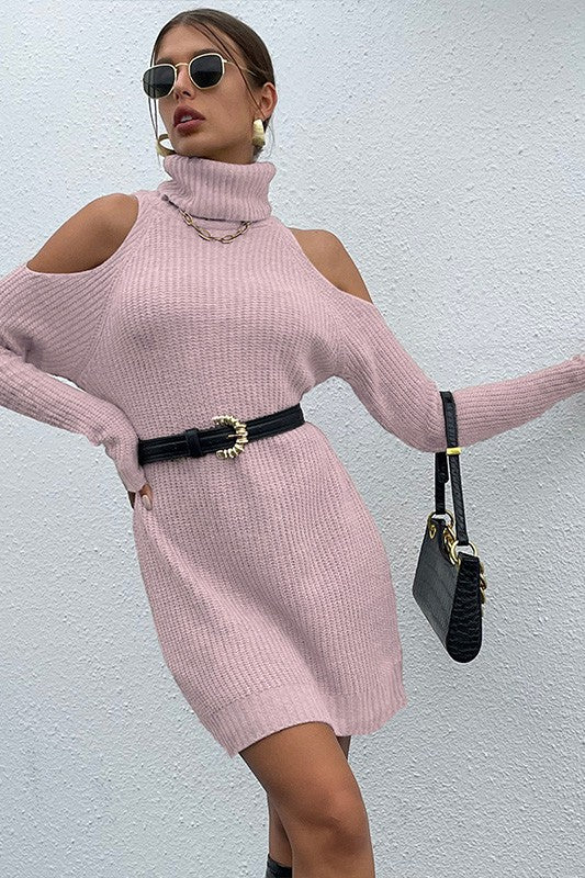 Pink Black Turtleneck Cold-Shoulder Sweater Dress-[Adult]-[Female]-PINK-Small-2022 Online Blue Zone Planet