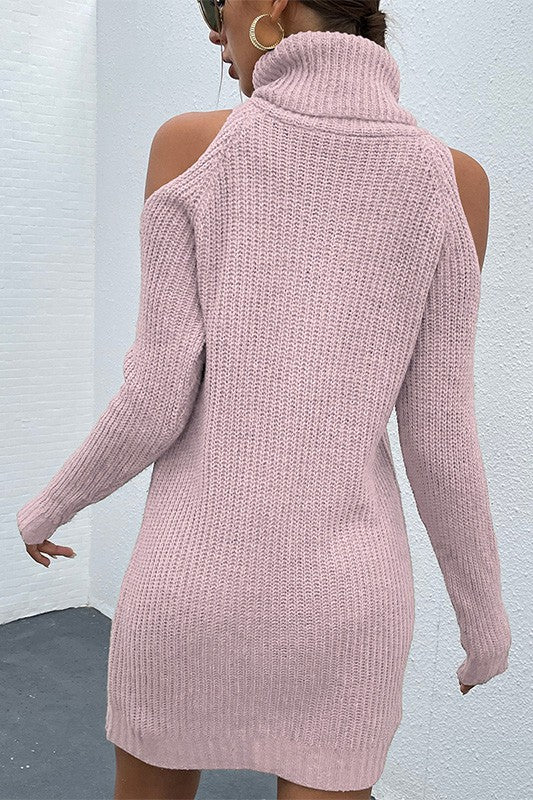 Pink Black Turtleneck Cold-Shoulder Sweater Dress-[Adult]-[Female]-2022 Online Blue Zone Planet