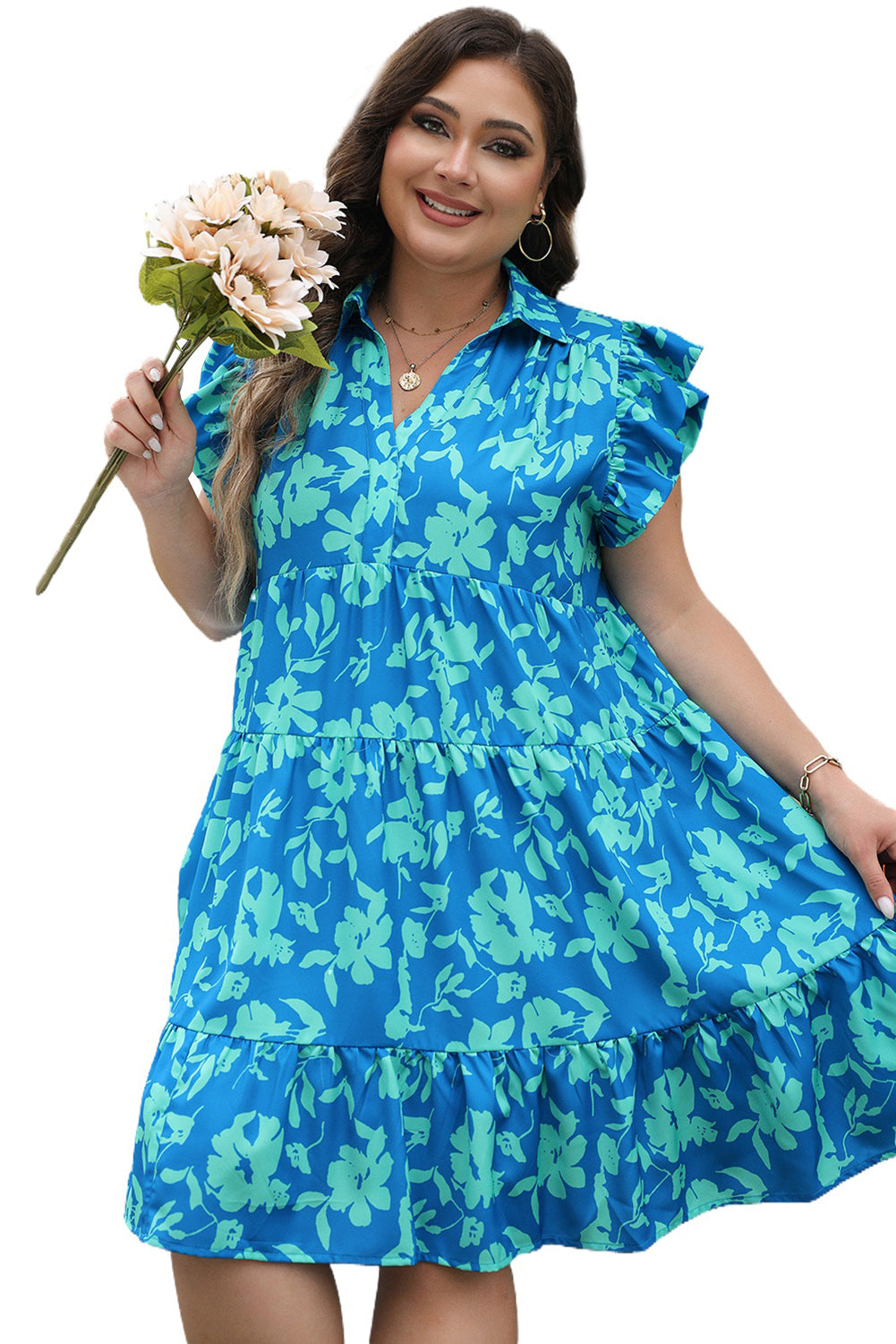 Sky Blue Plus Size Floral Print Flutter Sleeve Buttoned Mini Dress-Plus Size/Plus Size Dresses/Plus Size Mini Dresses-[Adult]-[Female]-2022 Online Blue Zone Planet