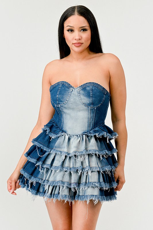 Denim Delight Tiered Ruffle Dress-[Adult]-[Female]-2022 Online Blue Zone Planet