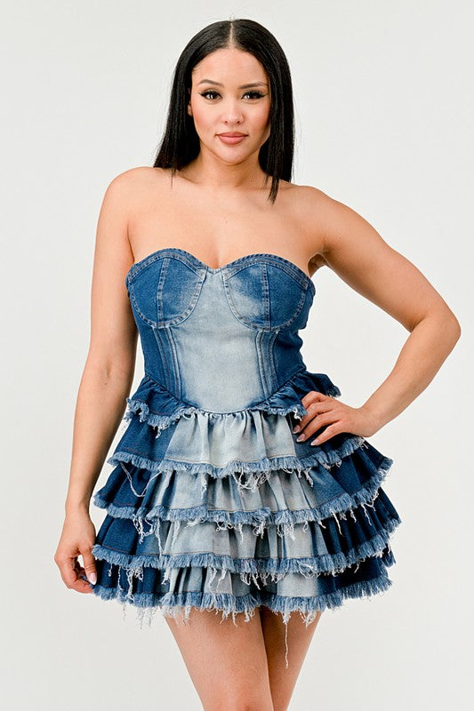 Denim Delight Tiered Ruffle Dress-[Adult]-[Female]-2022 Online Blue Zone Planet