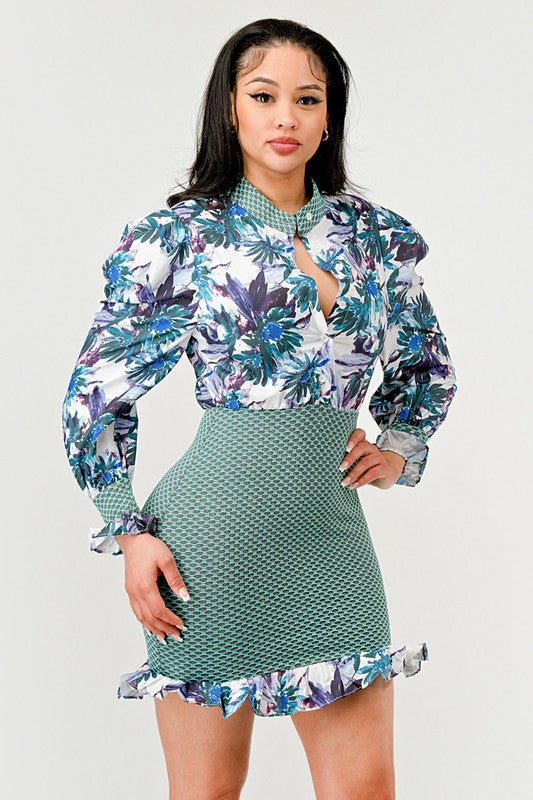 Spring Floral Mesh Contrast Ruffle mini dress-[Adult]-[Female]-2022 Online Blue Zone Planet