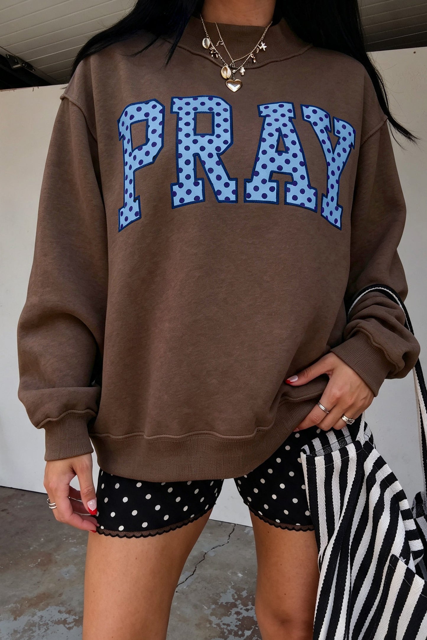 Gray PRAY Polka Dot Embroidered Mock Neck Sweatshirt