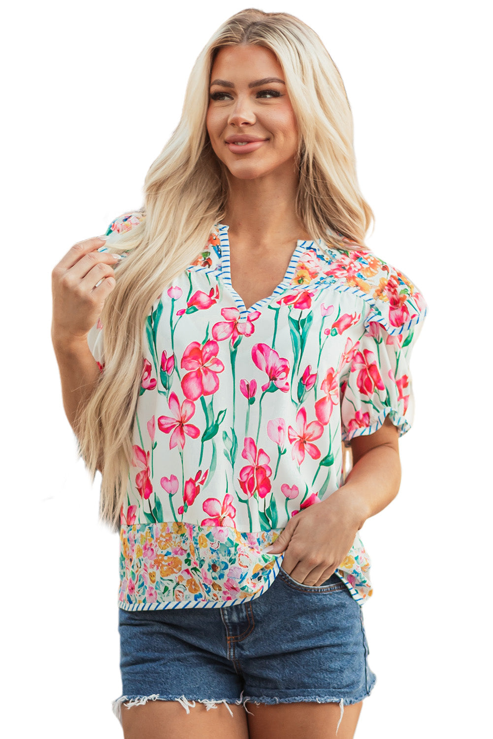 Pink Floral Print Striped Detail Split Neck Short Sleeve Blouse-Tops/Blouses & Shirts-[Adult]-[Female]-2022 Online Blue Zone Planet