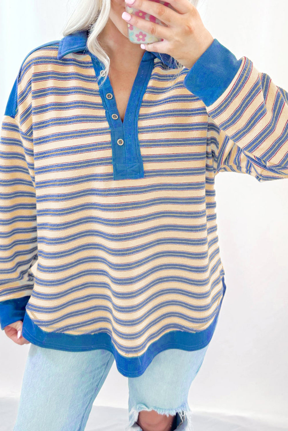 Blue Zone Planet |  Blue Stripe Buttoned V Neck Collared Drop Shoulder Top