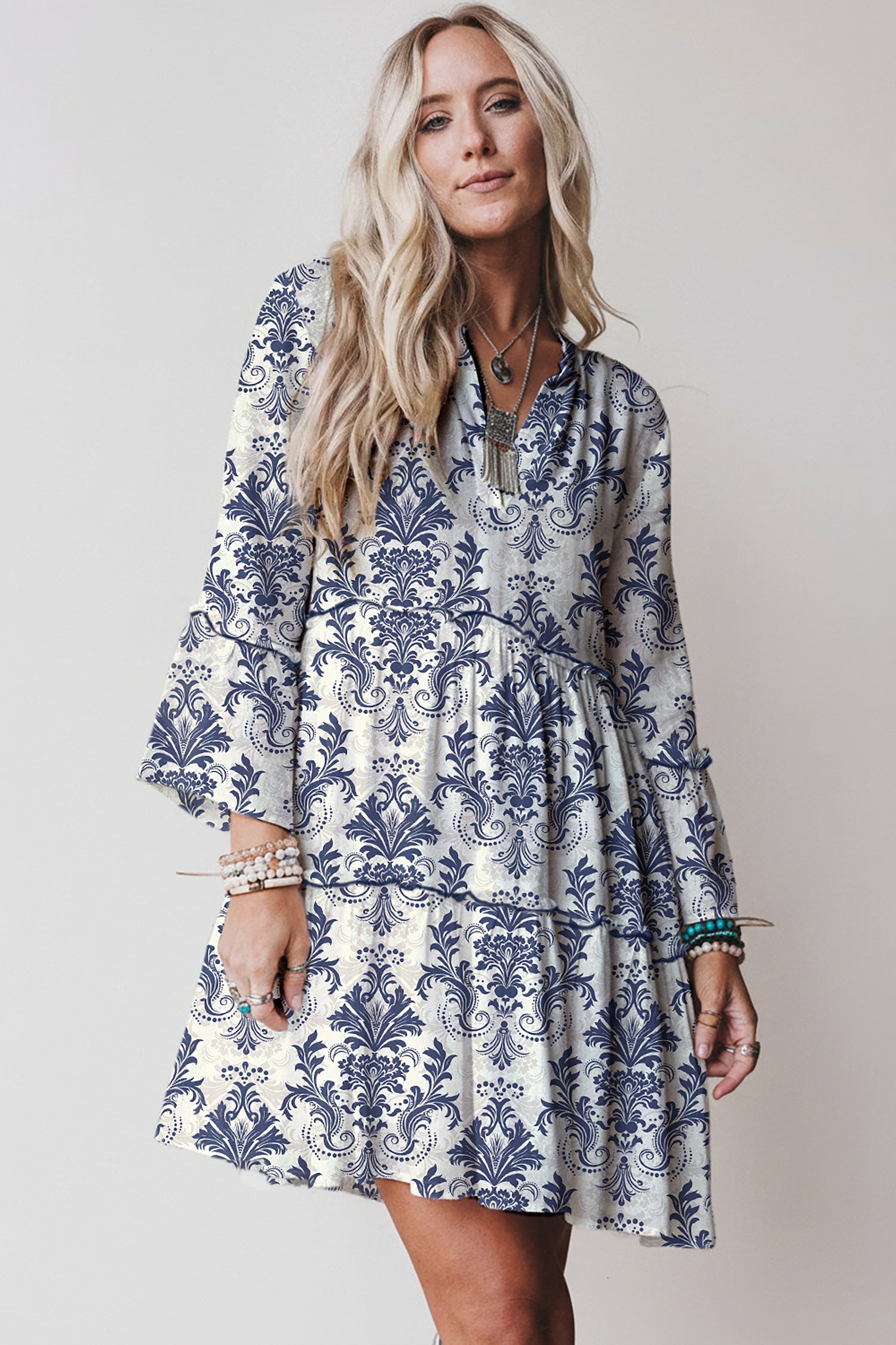 Sky Blue Boho Floral Print Lettuce Trim 3/4 Sleeve Mini Dress-TOPS / DRESSES-[Adult]-[Female]-2022 Online Blue Zone Planet