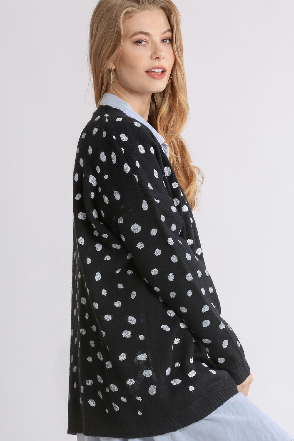 Umgee Polka Dot Open Front Drop Shoulder Cardigan-TOPS / DRESSES-[Adult]-[Female]-2022 Online Blue Zone Planet