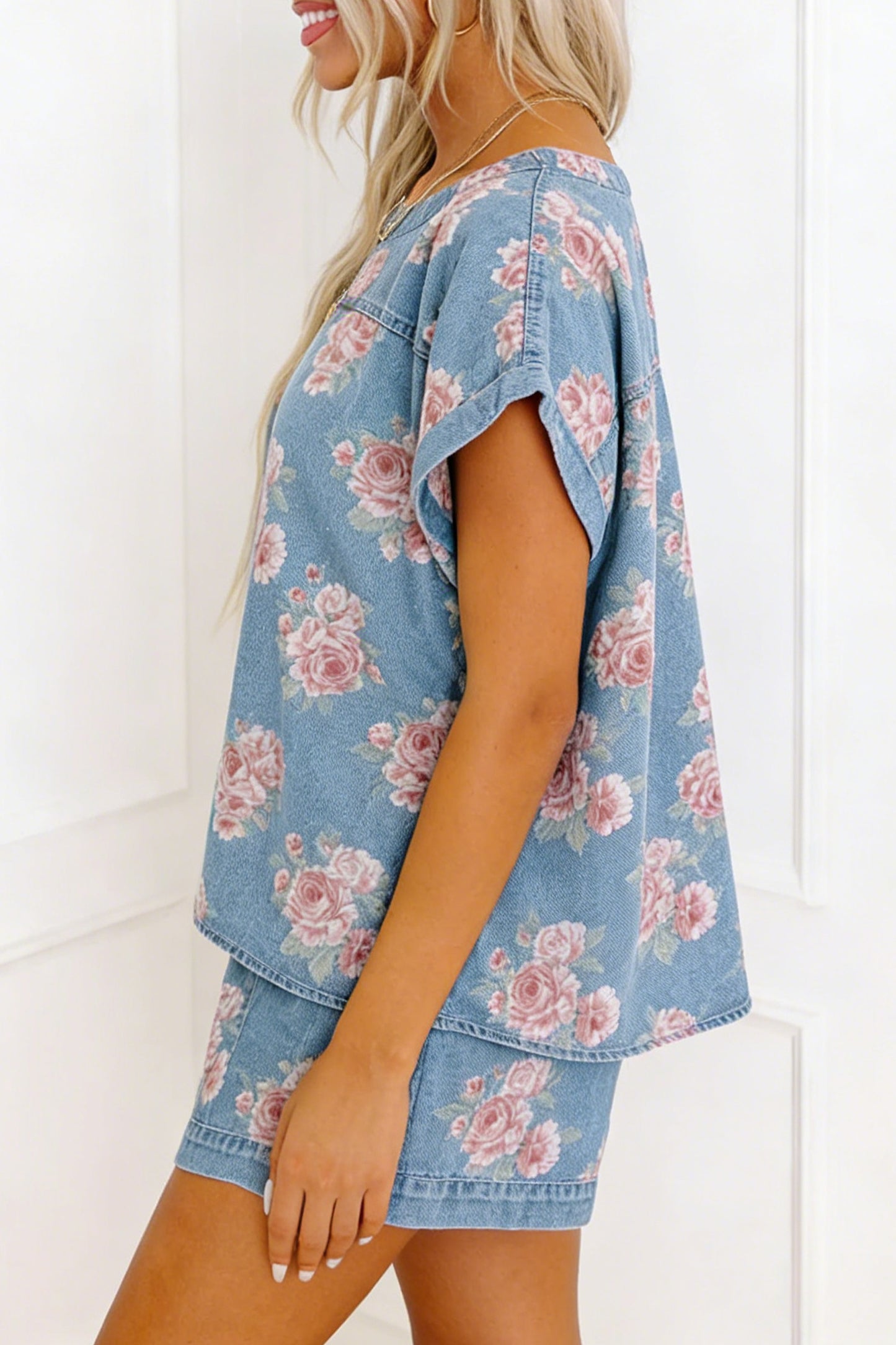 Sky Blue Floral Denim Short Sleeve Top Loose Shorts 2pcs Set-Two Piece Sets/Short Sets-[Adult]-[Female]-2022 Online Blue Zone Planet