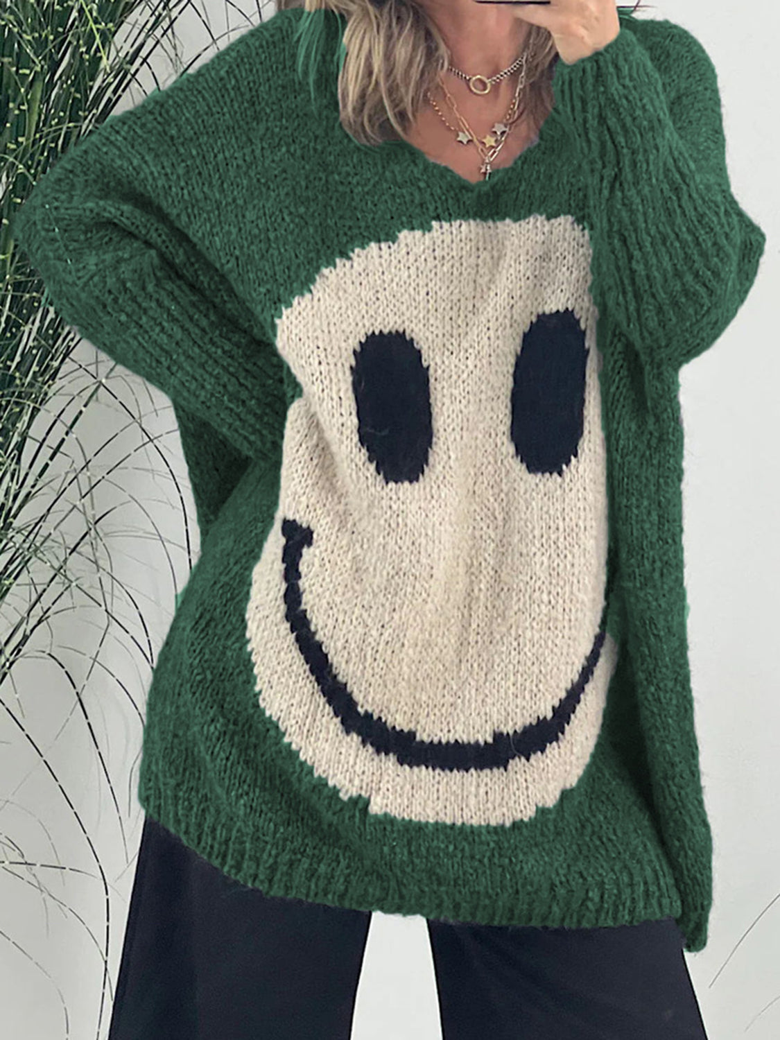 Smiling Face V-Neck Long Sleeve Sweater-TOPS / DRESSES-[Adult]-[Female]-Dark Green-S /M-2022 Online Blue Zone Planet