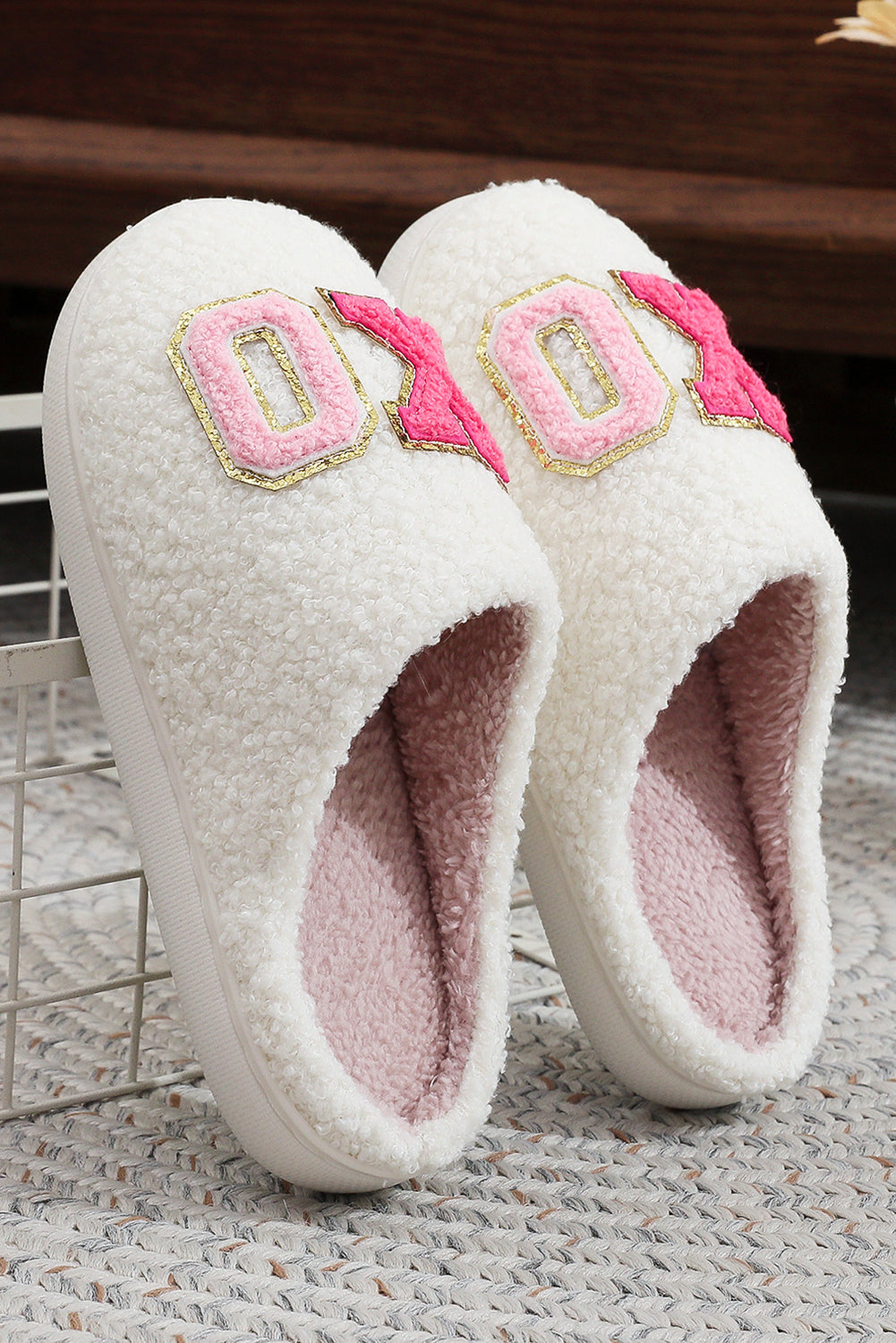 White Xo Xo Glitter Trim Letter Patched Plush House Slippers-Shoes & Bags/Slippers-[Adult]-[Female]-2022 Online Blue Zone Planet