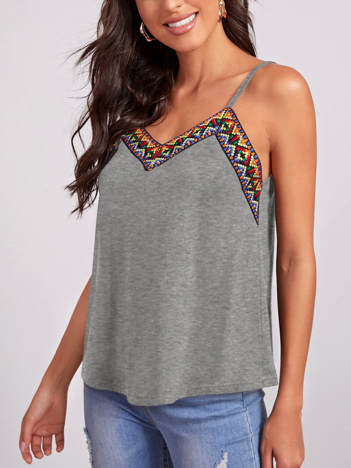 Blue Zone Planet | FAM-FAM Geometric V-Neck Spaghetti Strap Cami-TOPS / DRESSES-[Adult]-[Female]-Gray-S-2022 Online Blue Zone Planet