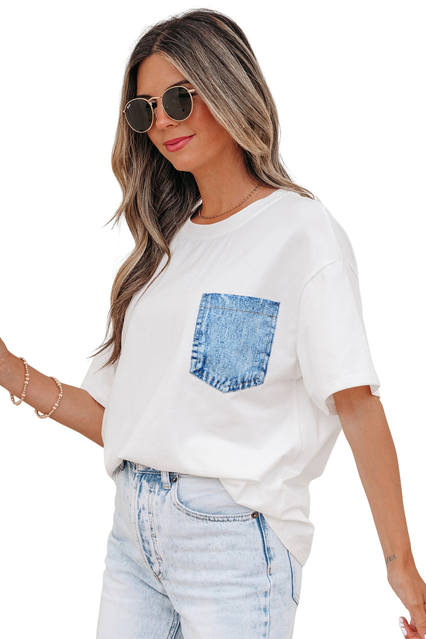 Sail Blue Color Block Chest Pocket Patched Casual Short Sleeve Top-Tops/Tops & Tees-[Adult]-[Female]-2022 Online Blue Zone Planet
