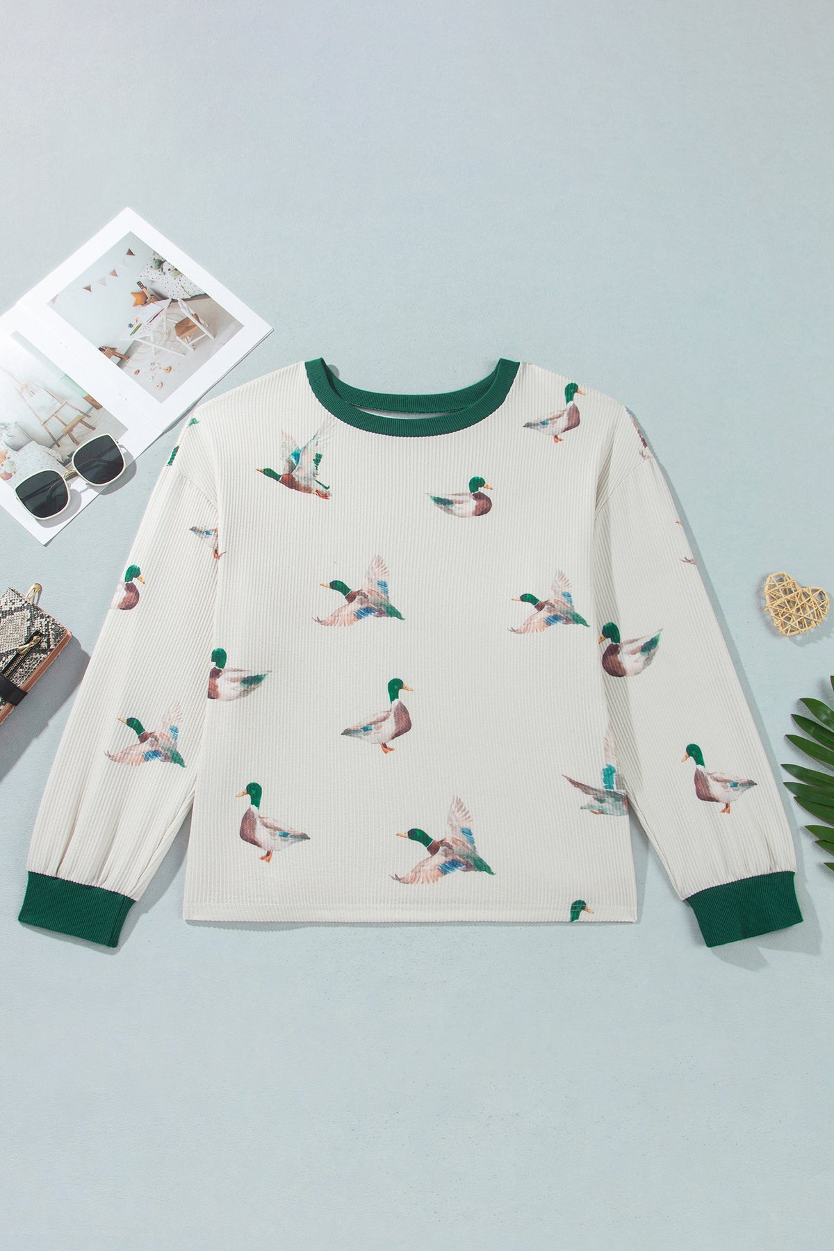Beige Mallard Duck Print Plus Size Twisted Ribbed Top-Plus Size/Plus Size Tops/Plus Size Long Sleeve Tops-[Adult]-[Female]-2022 Online Blue Zone Planet