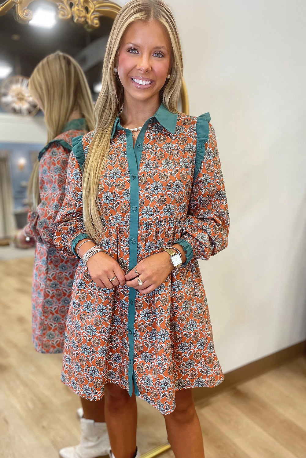 Orange Boho Floral Contrast Collared Shirt Mini Dress-Dresses/Floral Dresses-[Adult]-[Female]-2022 Online Blue Zone Planet
