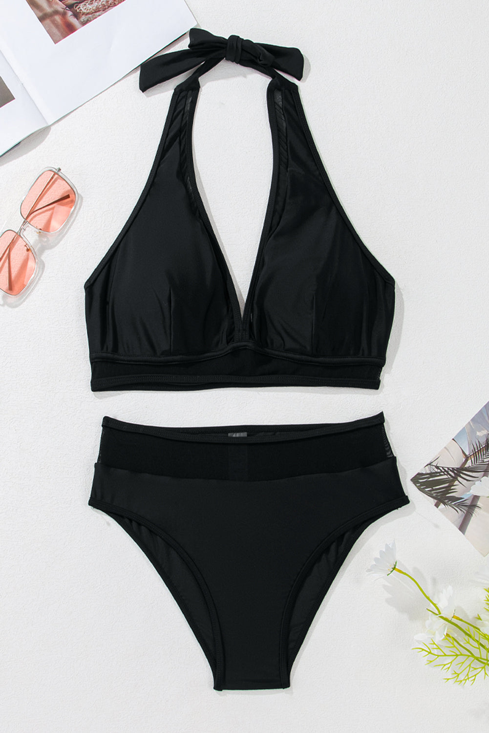 Black Sheer Mesh Edged Halter V Neck Push Up Bikini-Bikini Sets-[Adult]-[Female]-2022 Online Blue Zone Planet