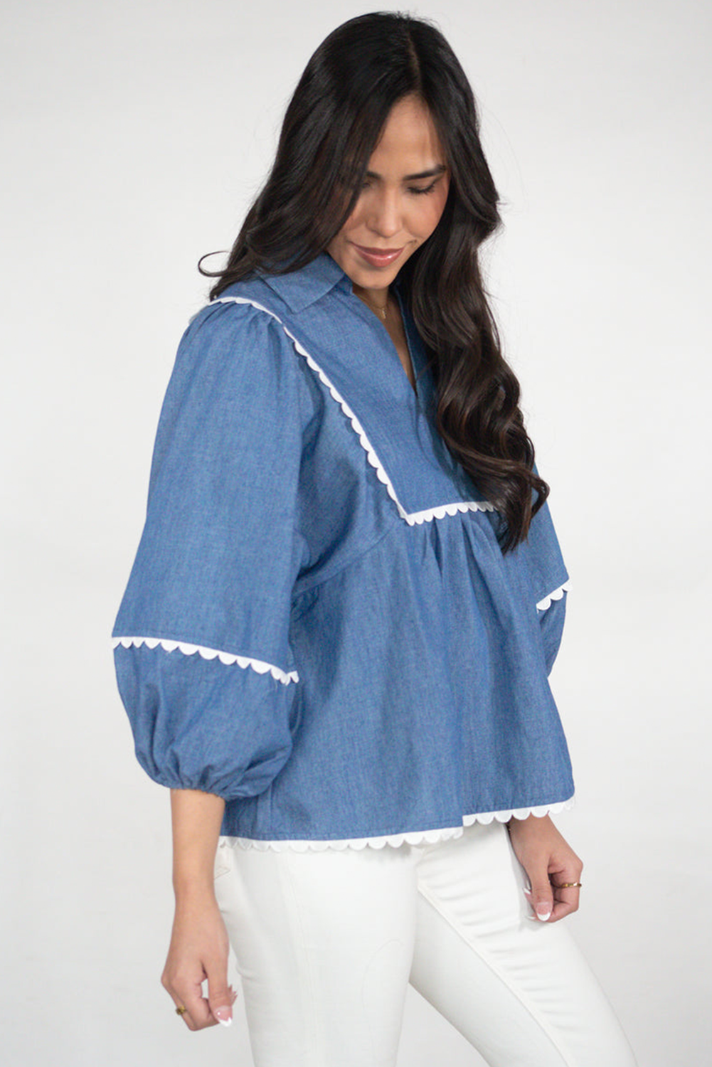 Dusk Blue Lace Ric Rac 3/4 Puff Sleeve Collared Babydoll Blouse-Tops/Blouses & Shirts-[Adult]-[Female]-2022 Online Blue Zone Planet