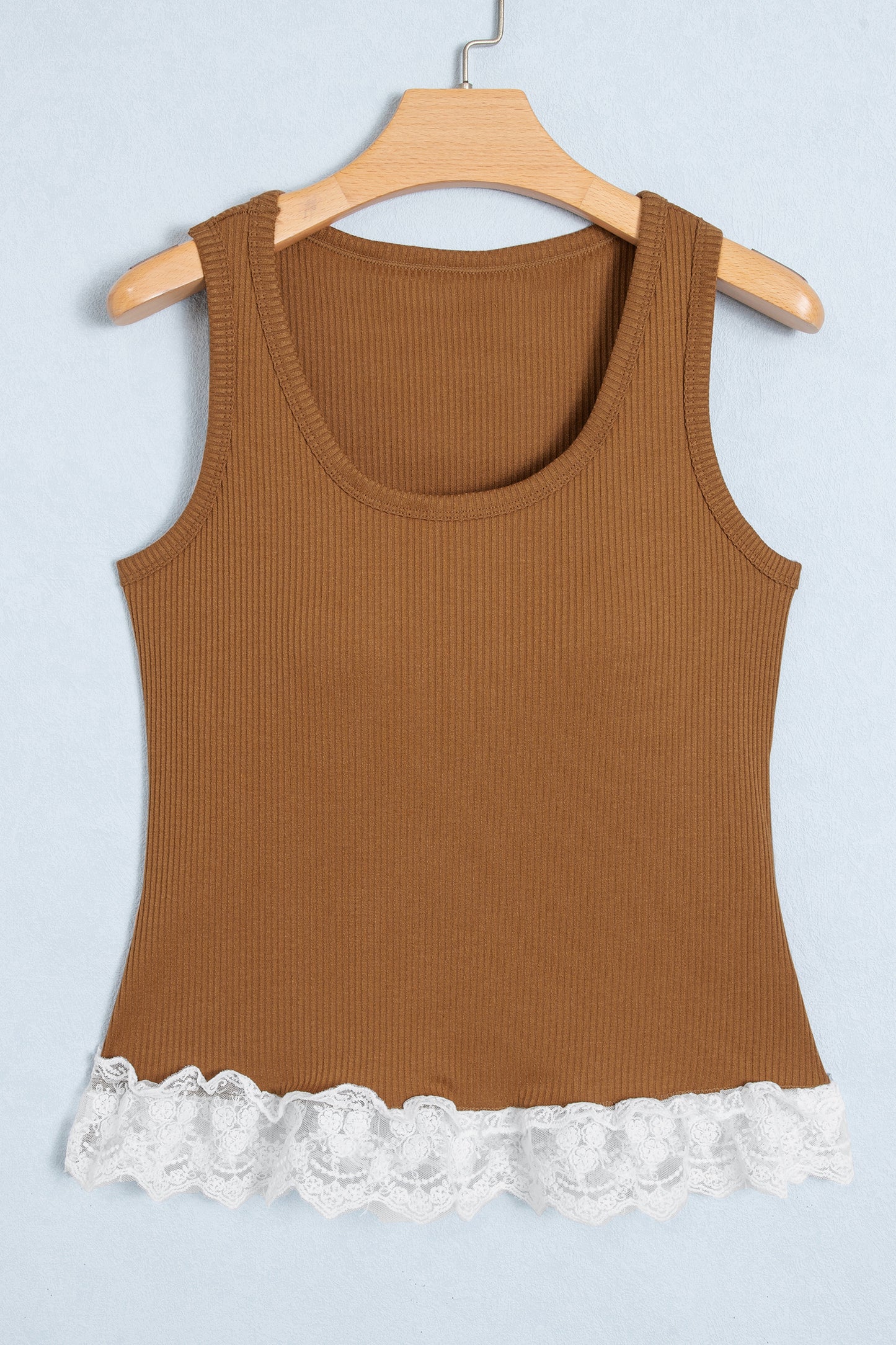 Beige Ribbed Knit Sweet Lace Hem Vest-Tops/Tank Tops-[Adult]-[Female]-2022 Online Blue Zone Planet