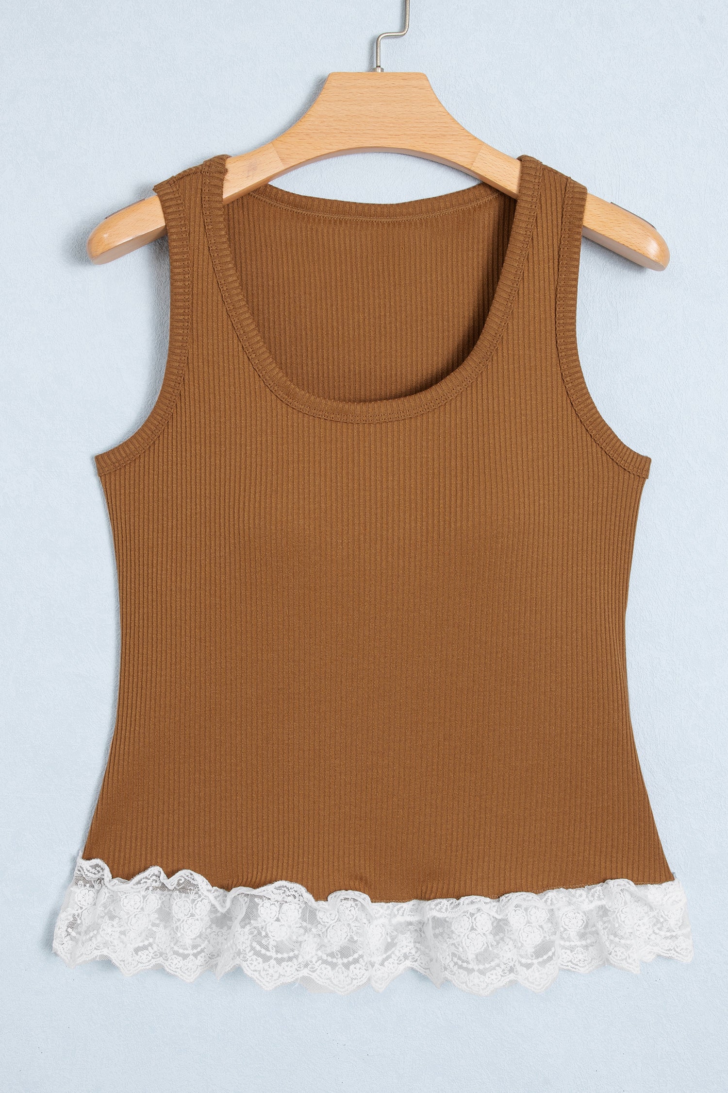 Beige Ribbed Knit Sweet Lace Hem Vest-Tops/Tank Tops-[Adult]-[Female]-2022 Online Blue Zone Planet