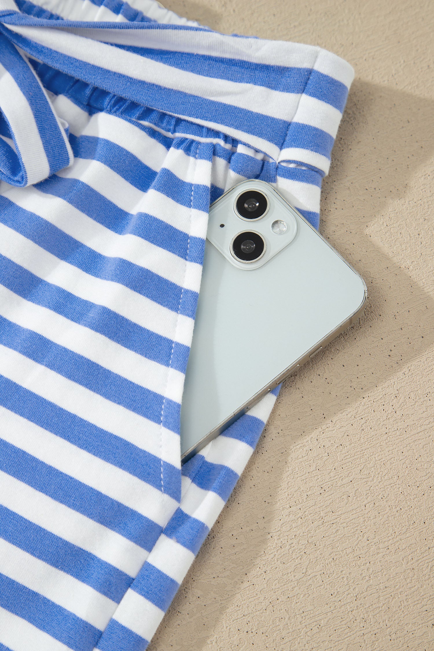 Sky Blue Stripe Contrast Trim Crew Neck Tee Knot Shorts 2pcs Set-Two Piece Sets/Short Sets-[Adult]-[Female]-2022 Online Blue Zone Planet
