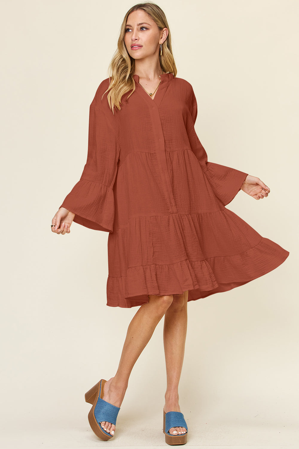 Double Take Full Size Texture Button Up Ruffle Hem Dress-TOPS / DRESSES-[Adult]-[Female]-2022 Online Blue Zone Planet