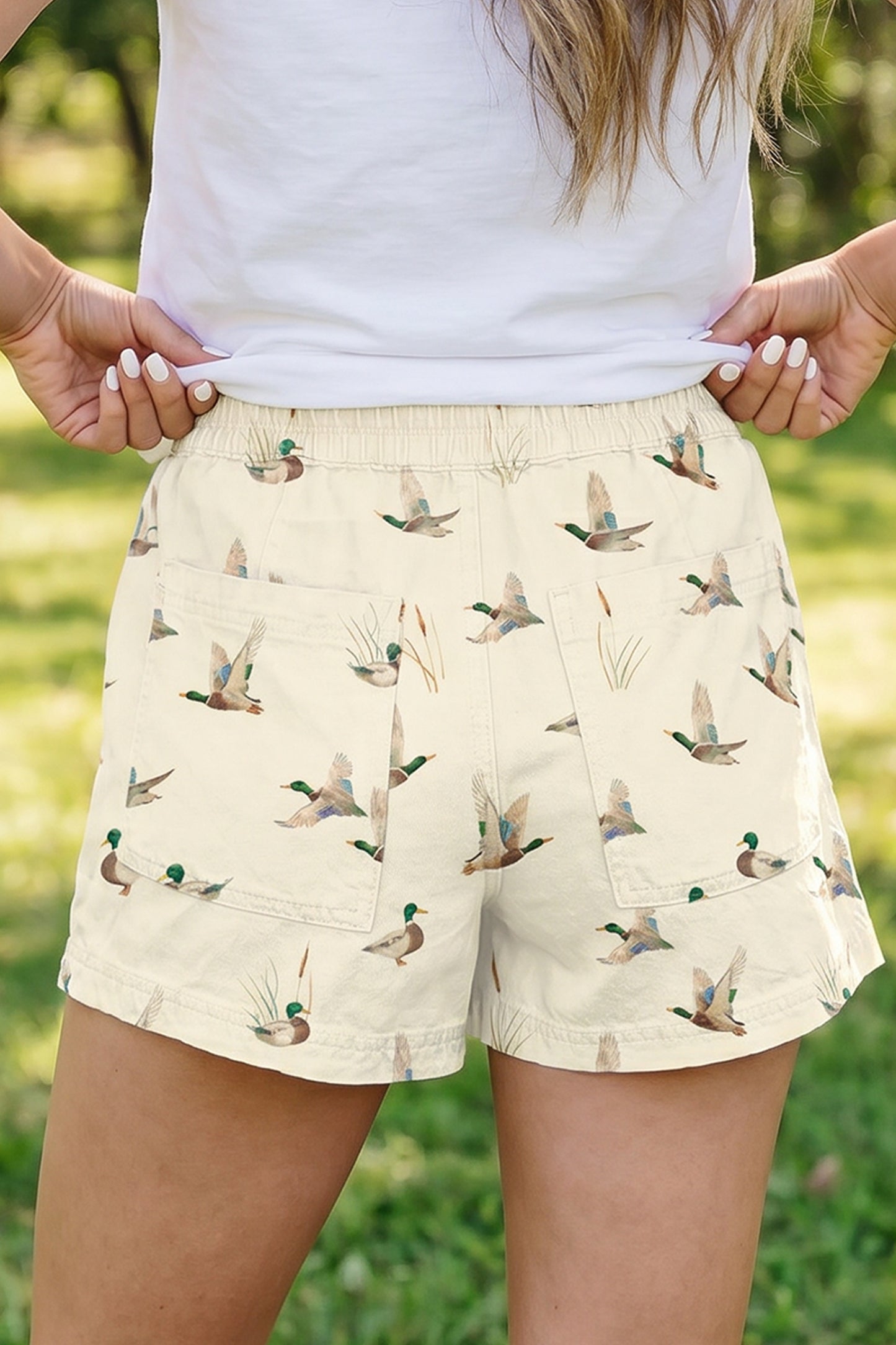 Beige Wild Duck Mallard Printed Drawstring Denim Shorts-Bottoms/Denim Shorts-[Adult]-[Female]-2022 Online Blue Zone Planet