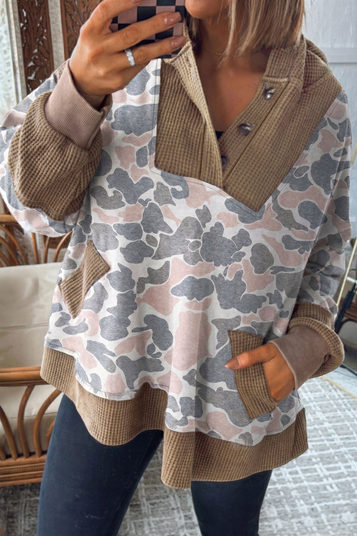 Khaki Camouflage Print Waffle Knit Patchwork Half Zip Plus Size Hoodie-Tops / Dresses-[Adult]-[Female]-2022 Online Blue Zone Planet